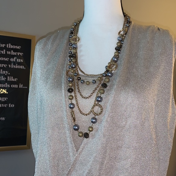 💛 WBHM | Gold Sparkly Taupe Faux Wrap Top - Picture 6 of 8